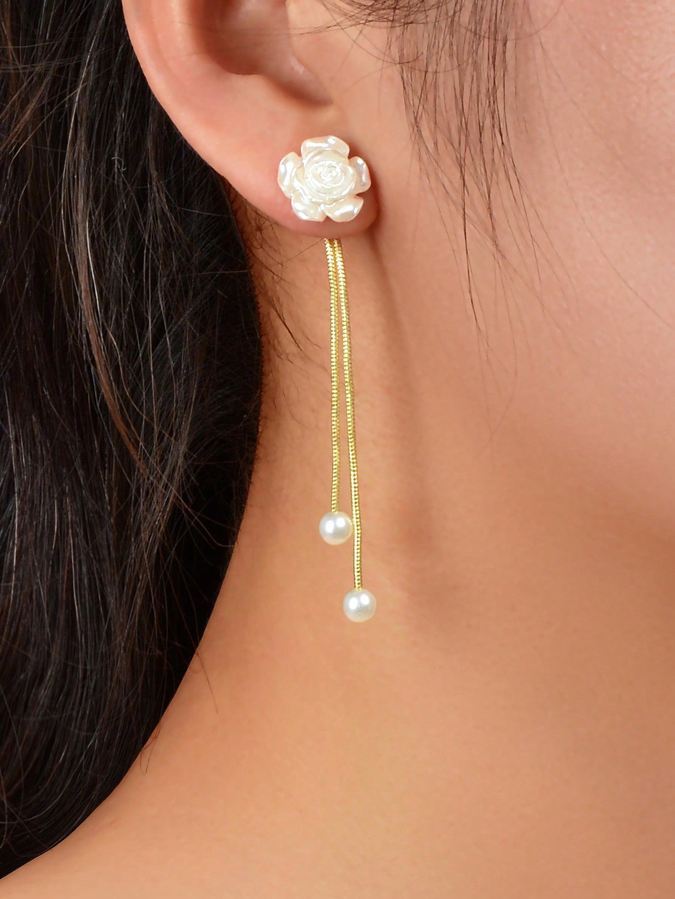 Romantic Resin Flower Pearl Charm Long Gold Chain Pendant Earrings Women Date