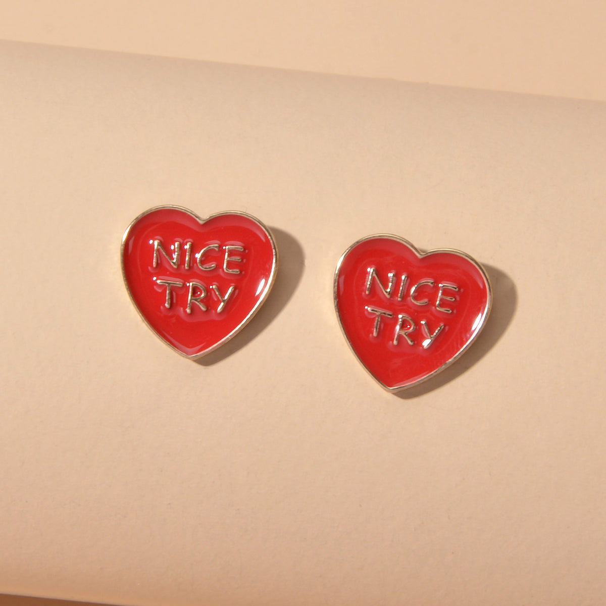 Dainty Gifts for Girls NICE TRY Letter Black Red Enamel Love Heart Stud Earrings