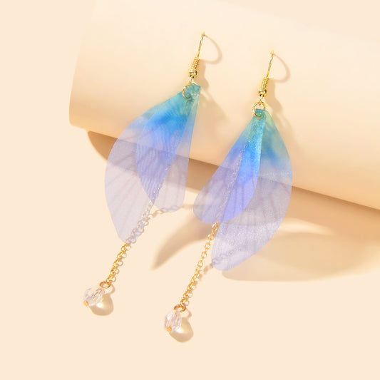 Unique Gold Chain Dangle Blue Transparent Dragonfly Wing Earrings Insect Jewelry