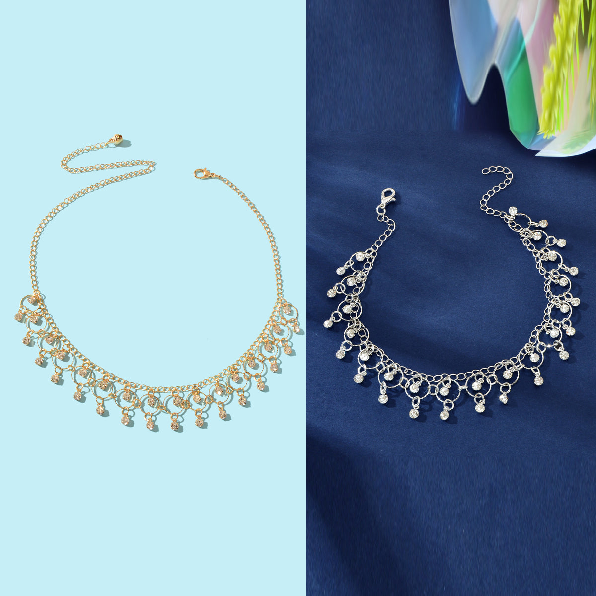 Fashion Jewelry set Rhinestone Decor Golden Chain Necklace and Silvery Chain Anklet