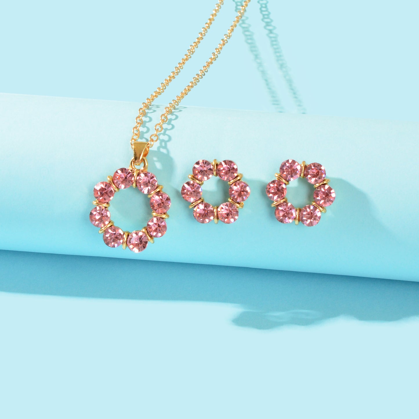 Multicolour Rainbow Round Charm Necklace Stud Earrings Girls Dainty Jewelry Set