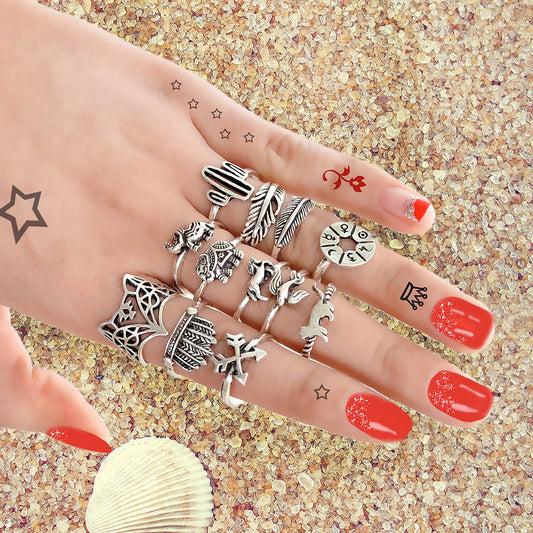 12 pcs Antique Silver Fox Bird Elephant Stackable Multiple Ring Set Jewellery