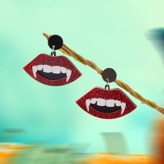 Halloween Accessories Dracula Punk Red Acrylic Vampire Lip Teeth Dangle Earrings