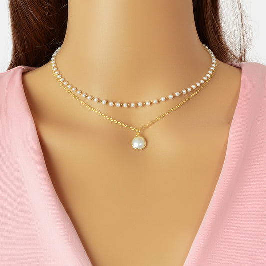 2 Layers Women Gold Pearl Charm Pendant Necklace Boho Statement Beautiful Choker