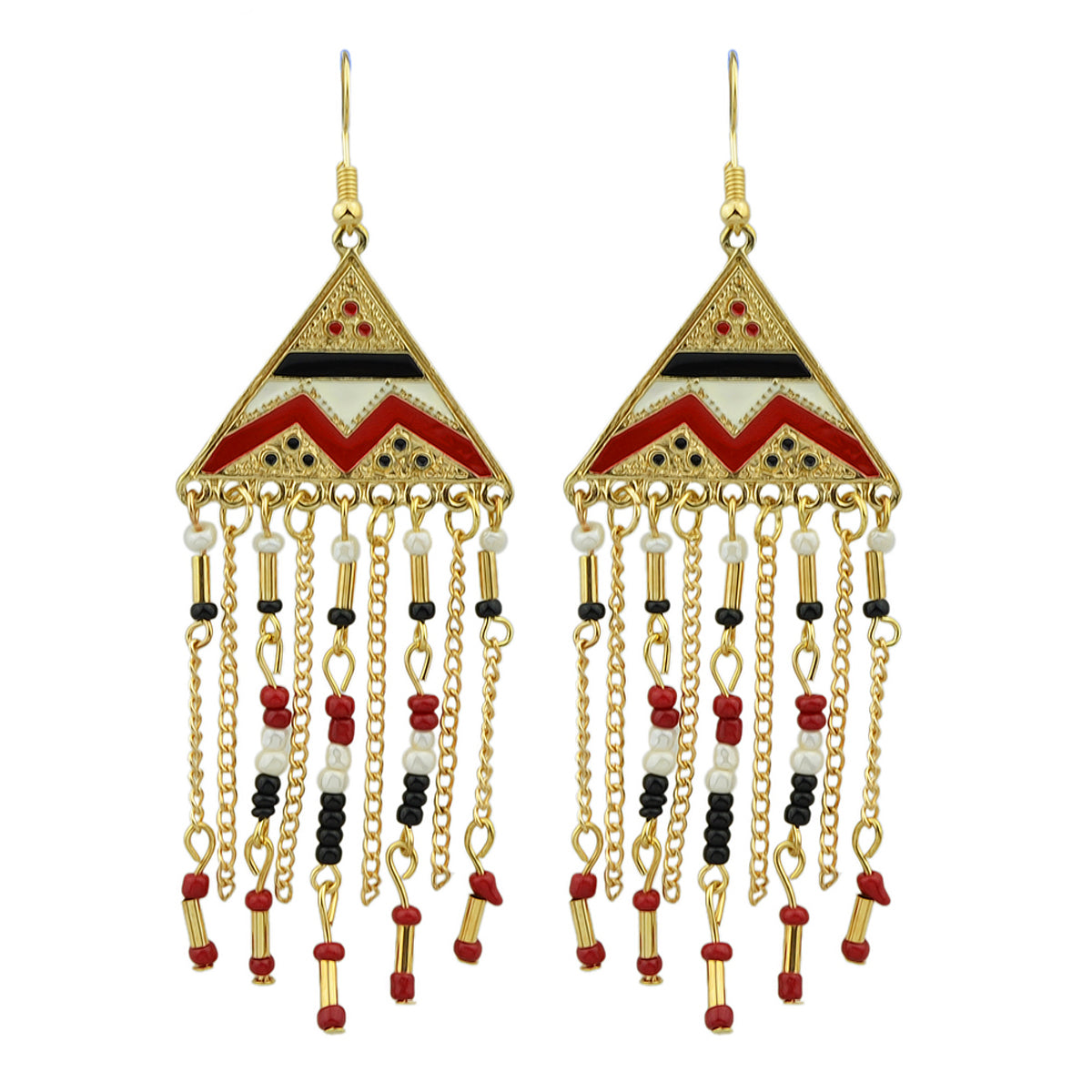 Triangle Colourful Enamel Beads Long Chain Tassel Ethnic Jewellery Boho Earrings