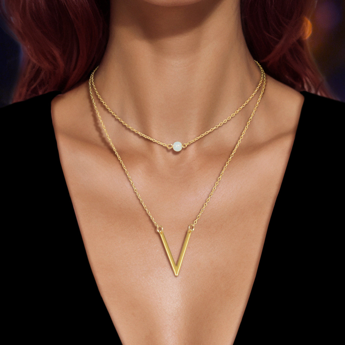 Double layer Gold Chain Letter V Shape Geometric Pendant Necklace Jewellery Gift