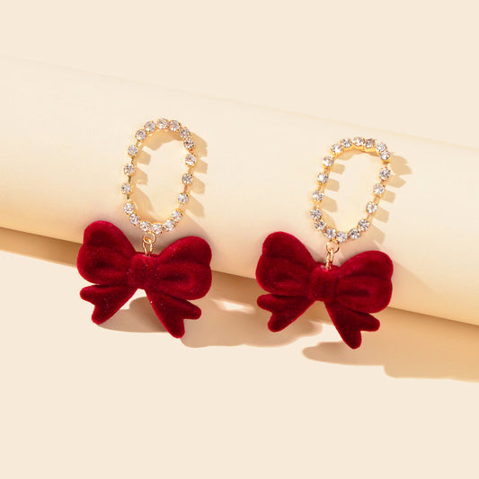 Sparkly Ribbon Bow Dangle Rhinestone Winered Vintage Square Bow Tie Earrings