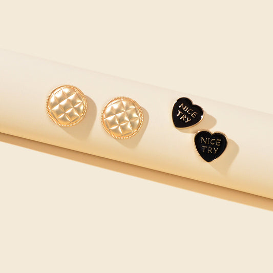 2pairs Retro Accessories Black Enamel Letters Heart Gold Round Stud Earrings Set