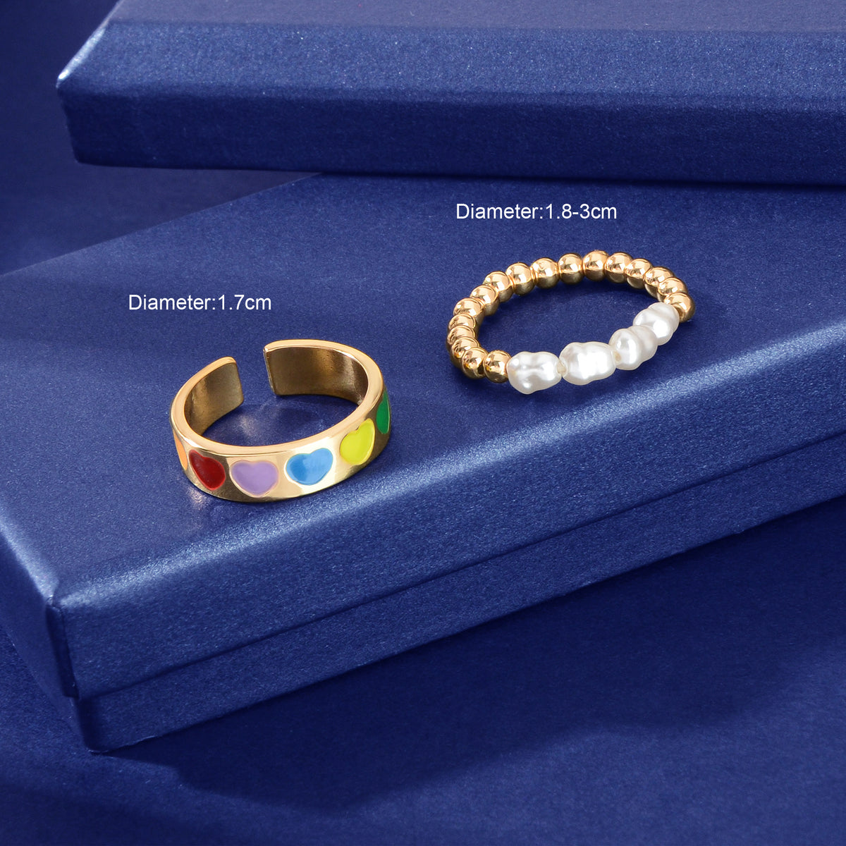 2 pcs Pearl Decor Elastic Ring Colorful Love Heart Enamel Finger Rings Jewellery