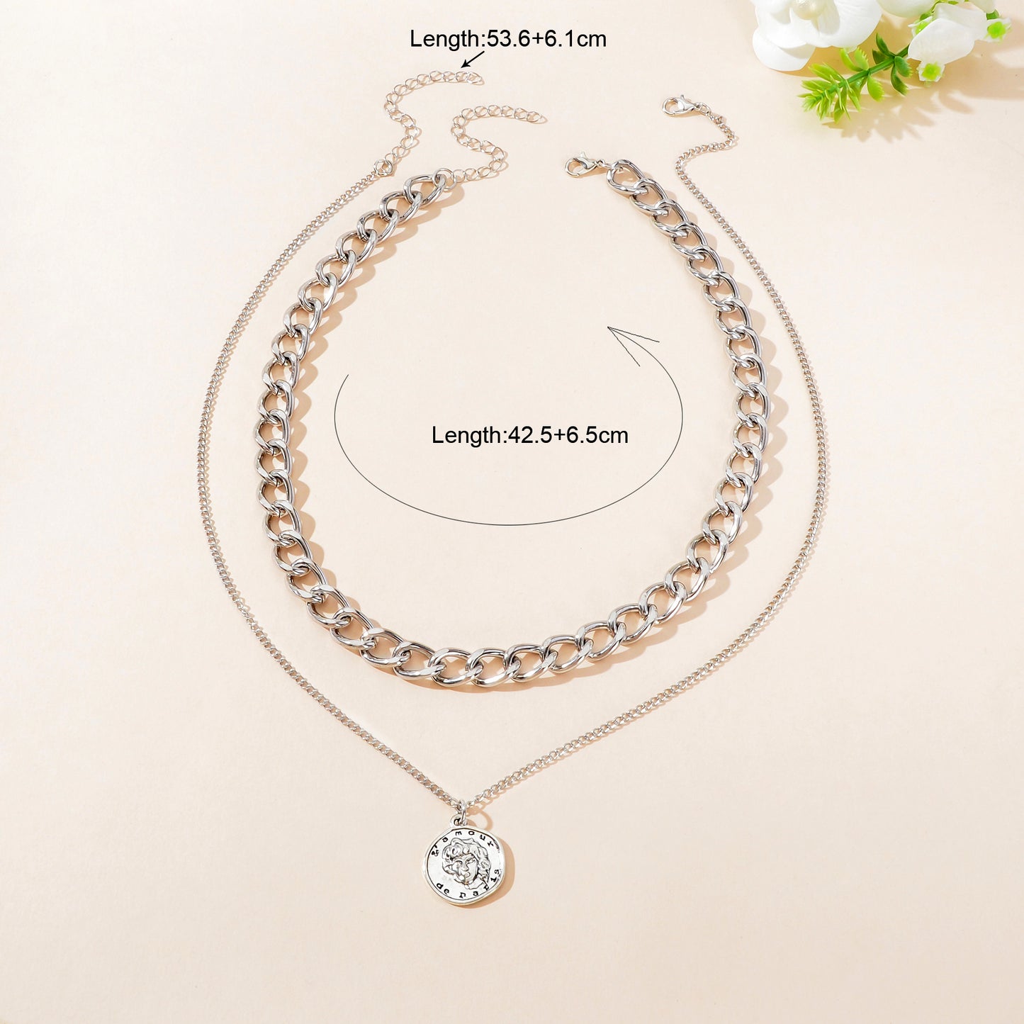 Hip Hop Double Layer Silvery Chunky Chain Round Portrait Pendant Necklace Street Statement Jewelry