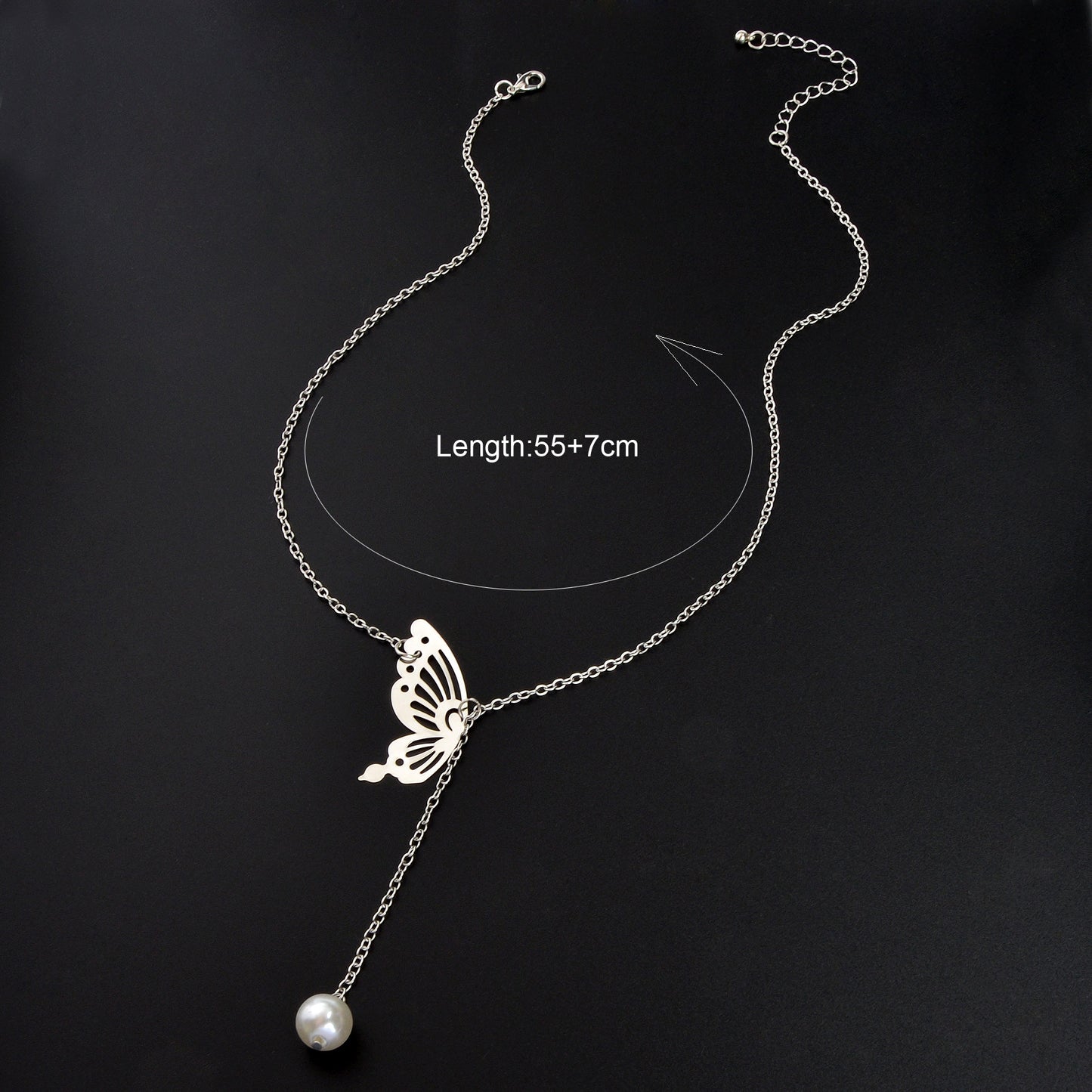 Y Style Silvery Chain Hollow Butterfly Imitation Pearl Pendant Necklace Graceful Daily Party Jewelry