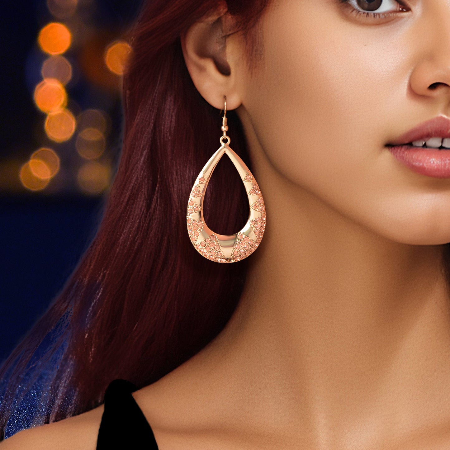 Luxurious Sparkling Pink Rhinestone Decor Golden Hollow Water Drop Earrings Party Wedding Jewelry