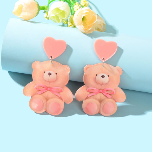 Super Sweet Pink Heart Bowknot Bear Acrylic Dangle Stud Earrings Birthday Gift