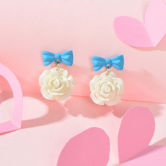 Elegant Jewellery Blue Bow Tie White Resin Flower Dangle Pierced Party Earrings