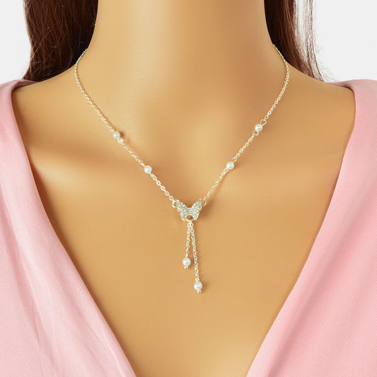 Sparkling Butterfly Pendant Y-Drop Necklace Tassel Clavicle Collar Women Jewelry
