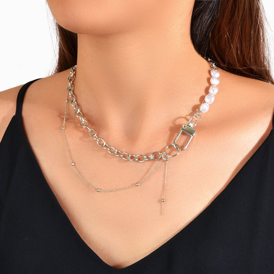 Statement Retro Style Pearl Decor Double layer Silver Chain Lock Design Necklace