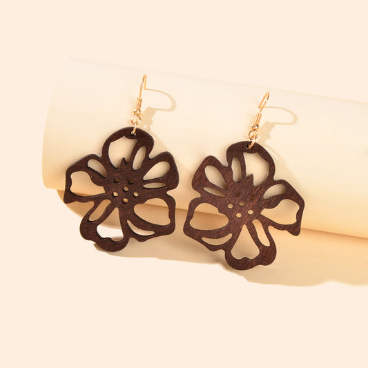 Ethnic Brown African Natural Wooden Hollow Flower Dangle Bohemian Charm Earrings