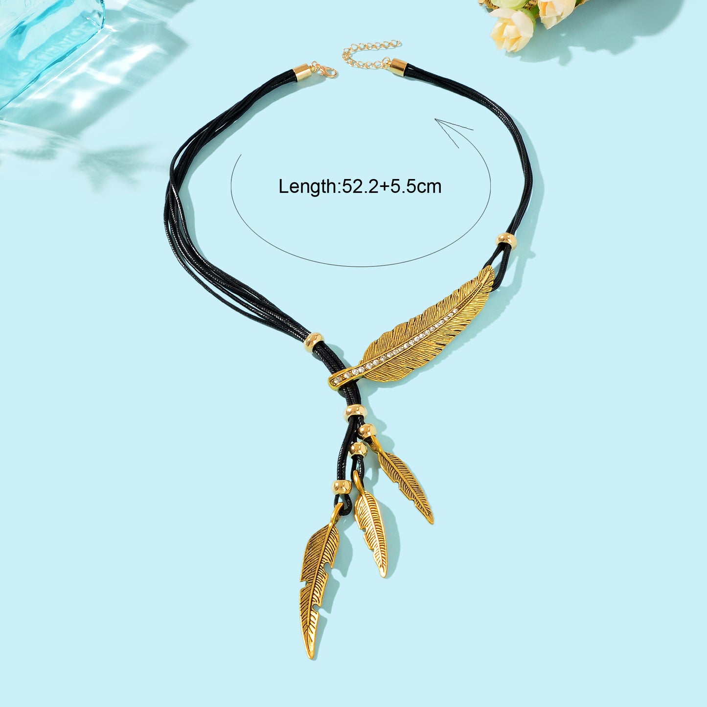 1pc Western Bohemian Black PU Rope Handmade Antique Silver gold Feather Pendant Necklace Women Holiday Jewelry