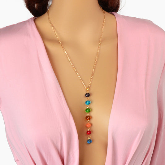 Dainty Gold Chain Colorful Glass Beads Long Charm Y Shape Lariat Female Necklace