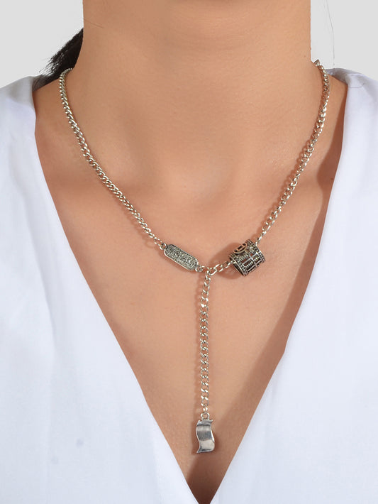 Vintage Designer Stylish Jewelry Antique Silver Carved Circle Y Pendant Necklace