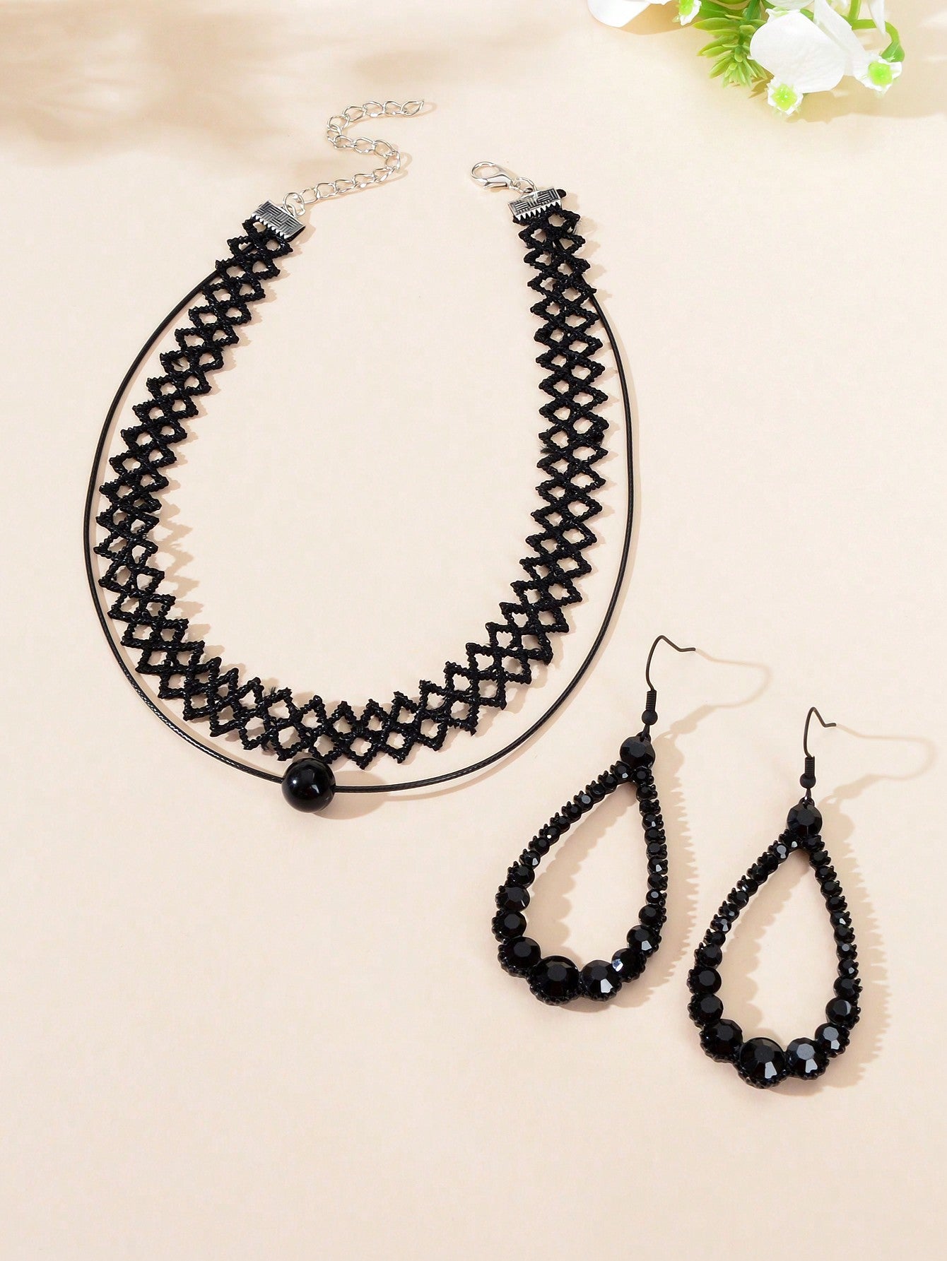 Black Lace Necklace with Teardrop Pendant Earrings Set - Elegant Gothic Jewelry