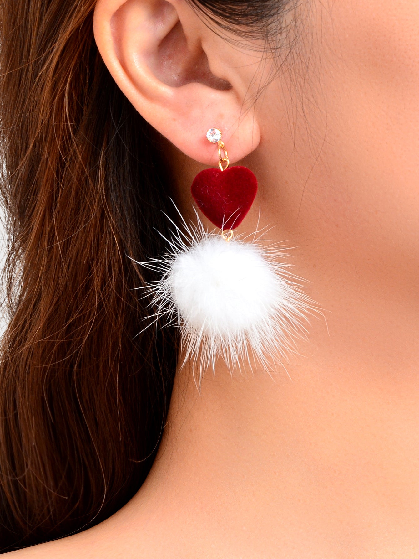 Sweet Red Heart White Fluffy Faux Fur Pom Pom Ball Dangle Earrings Jewellery