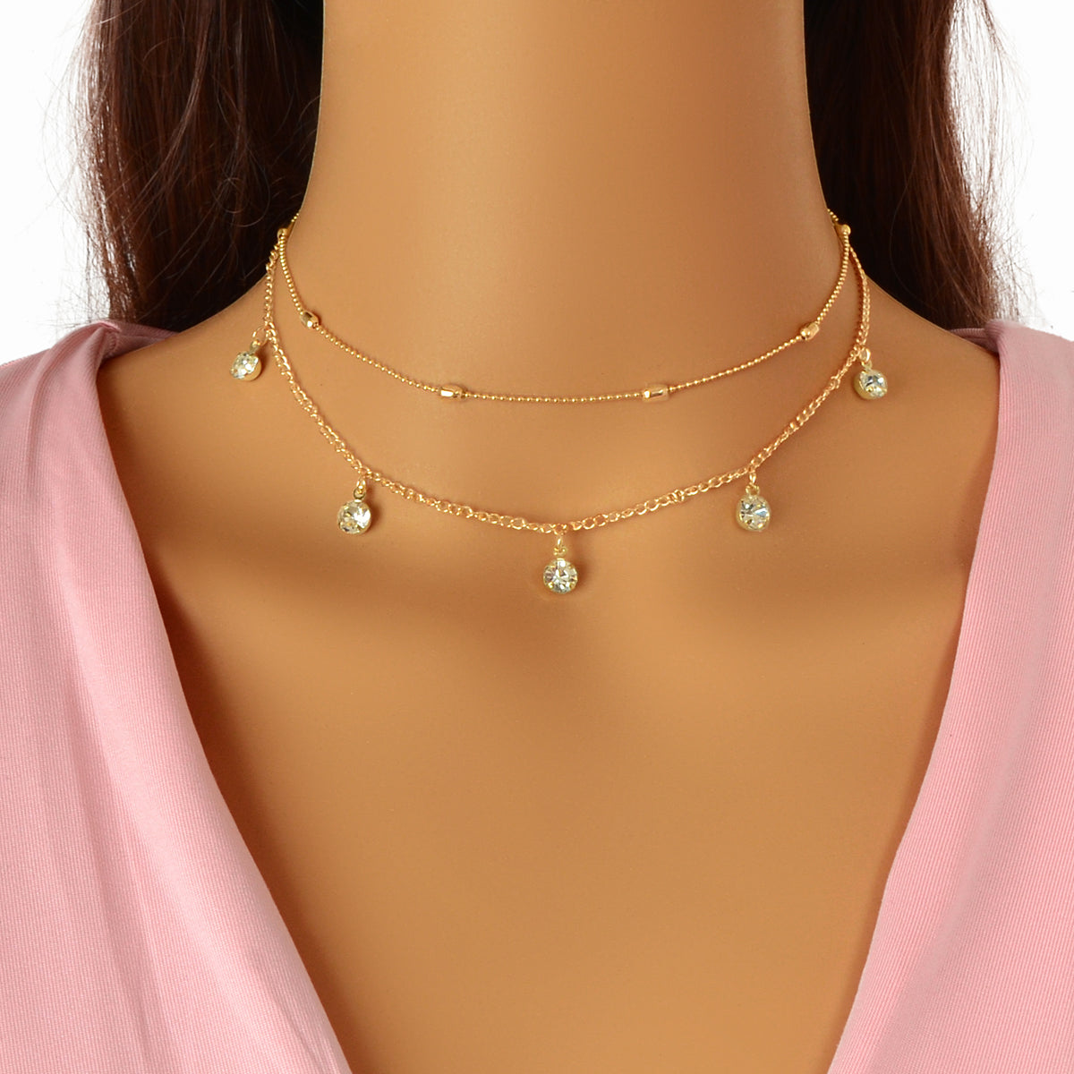 Dainty Adjustable Layer Gold Silver Chain Rhinestone Charm Clavicle Necklace