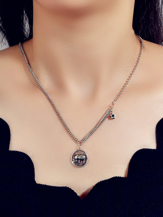 Intricate Antique Silver Multiple Chain Star Elephant Hollow Round Necklace Gift