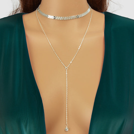 Double layer Chain Dangling Rhinestone Pendant Lariat Necklace Female Jewellery
