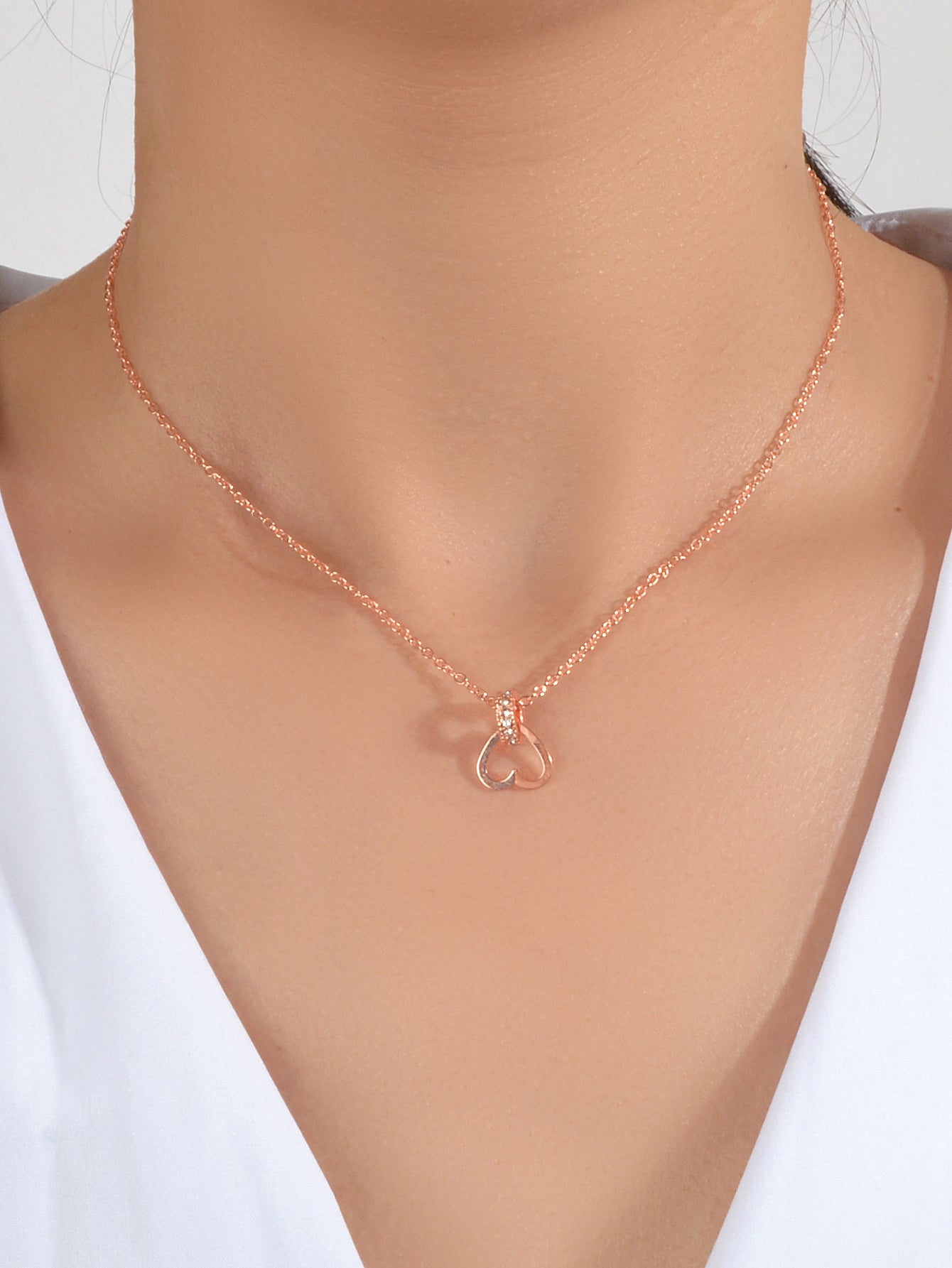 Wedding Engagement Jewelry Rose Gold Chain Rhinestone Circle Heart Charm Necklace
