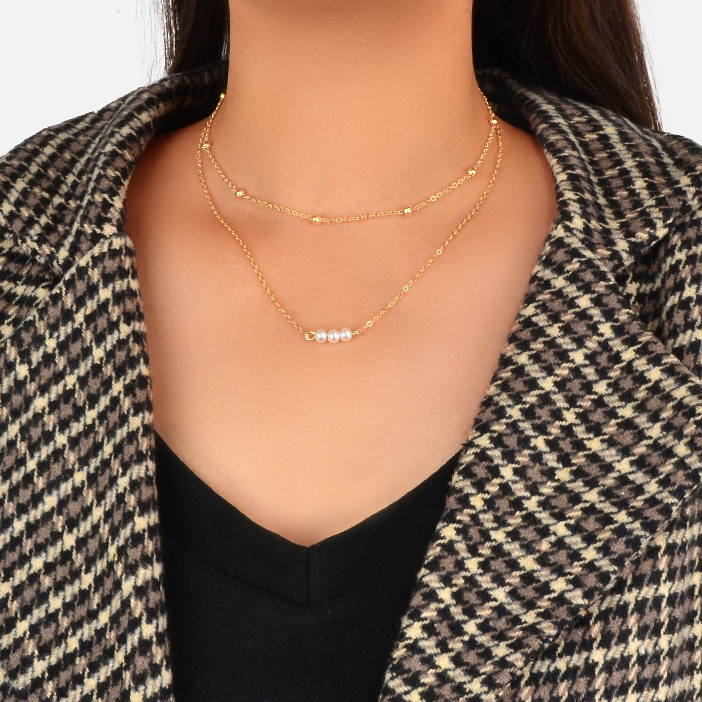 2pcs Female Jewellery Gold Silver Chain Beads Pearl Necklace Fashion Accessories