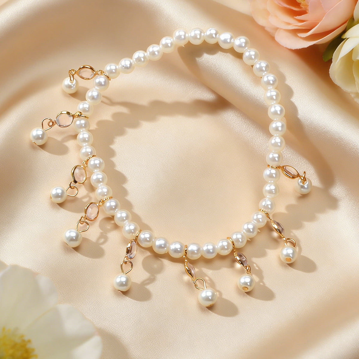 Feelontop Handmade Elastic Pearl Bead Anklet Barefoot Sandal Beach Bling Jewelry