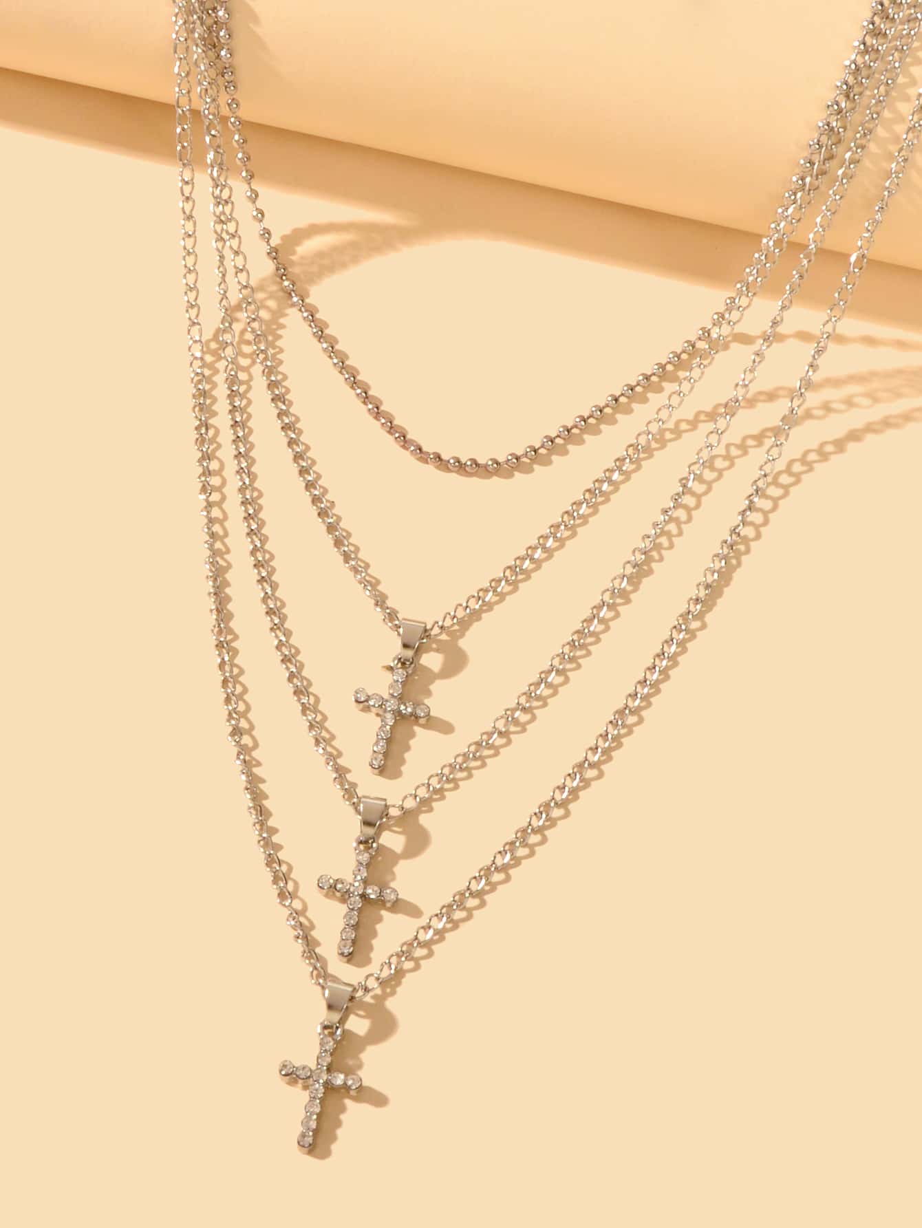Unique Design Rhinestone Multi-layer Gold Silver Chain Cross Pendant Necklace
