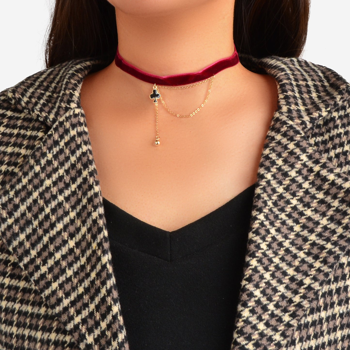 Retro Winered Poker Charm Gold Chain Velvet Tattoo Choker Short Necklace Collar