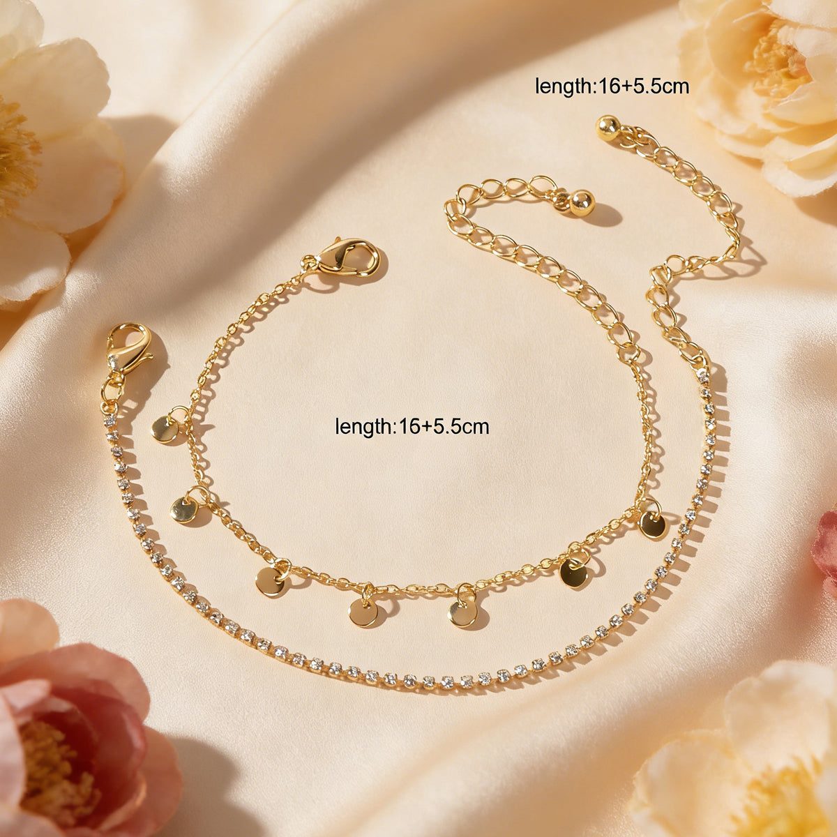 2pcs Women Rhinestone Gold Silver Chain Disc Charm Bracelet Fashion Accessories