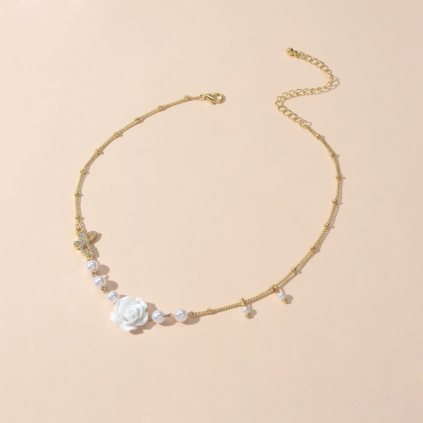 Textured Wedding Pearl Beads Gold Chain Butterly White Flower Collar Necklace