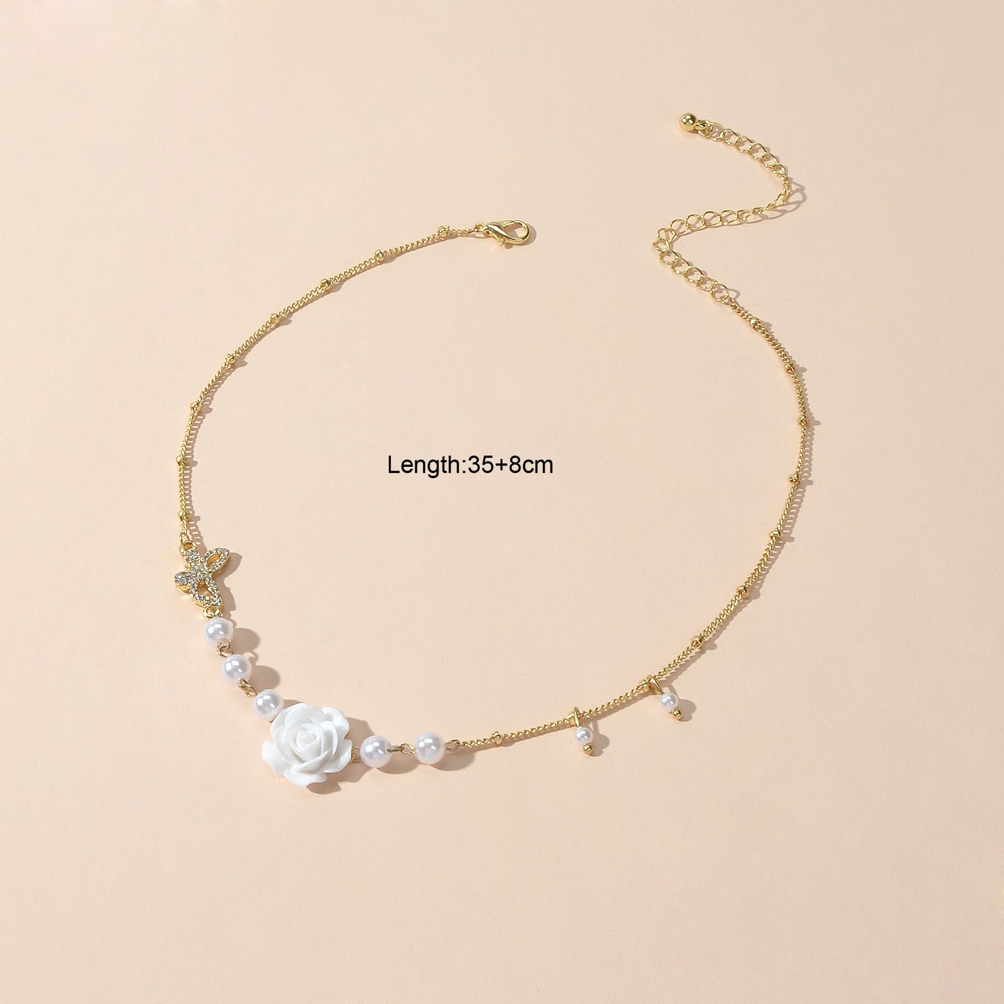 Textured Wedding Pearl Beads Gold Chain Butterly White Flower Collar Necklace