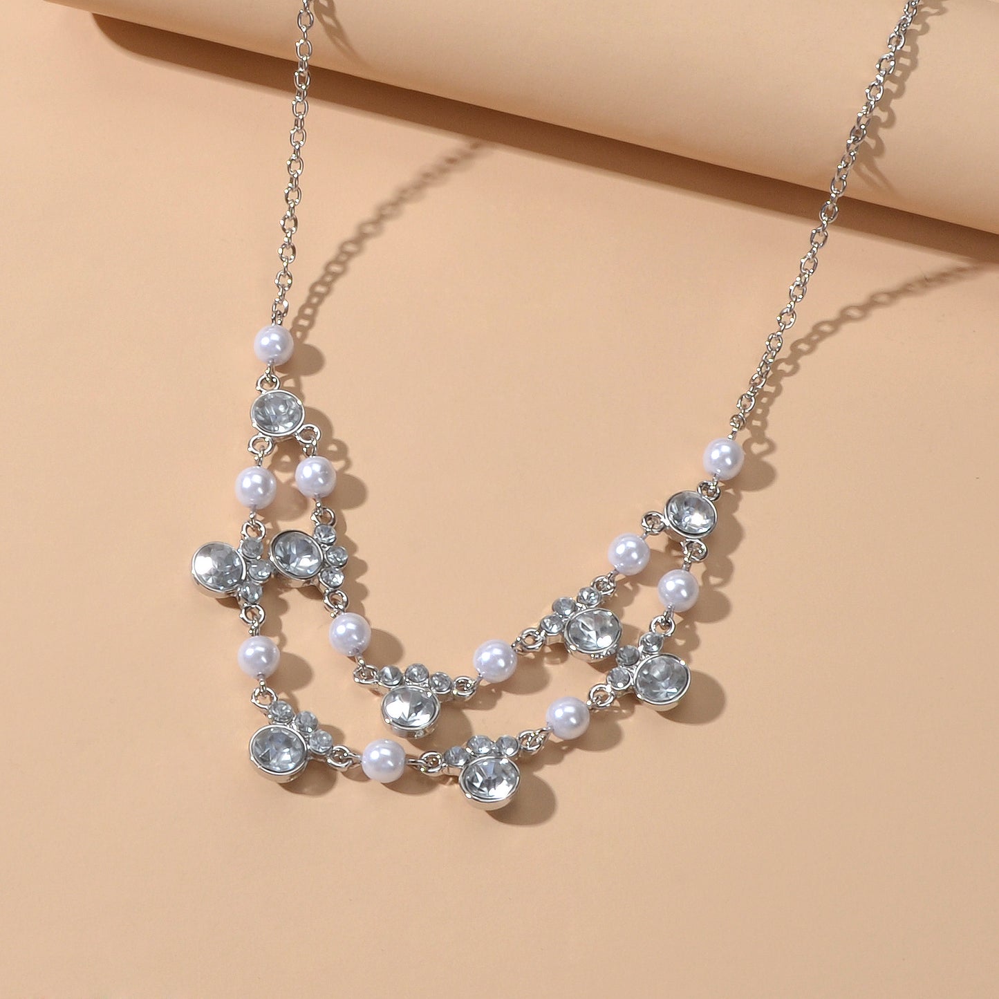 Luxurious Wedding Jewellery Pearl Rhinestone Decor Double layer Collar Necklace