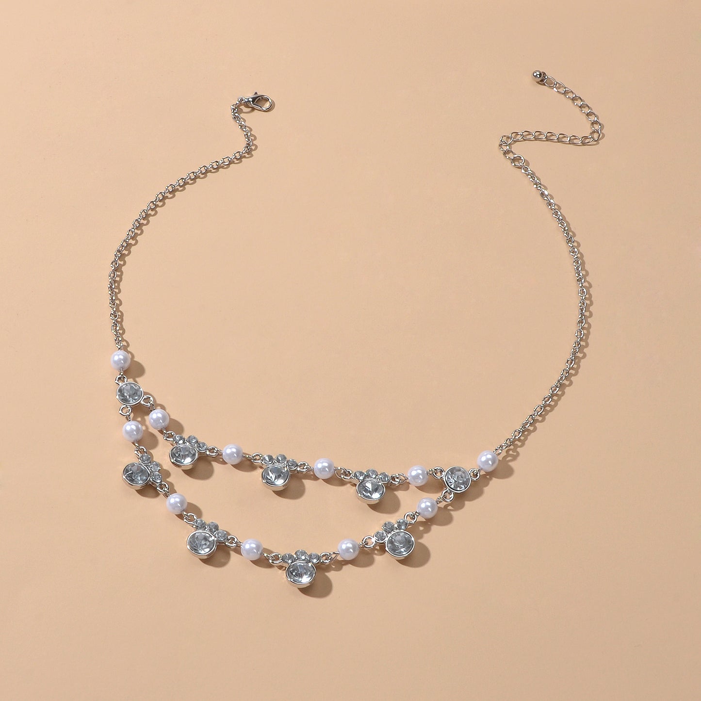 Luxurious Wedding Jewellery Pearl Rhinestone Decor Double layer Collar Necklace