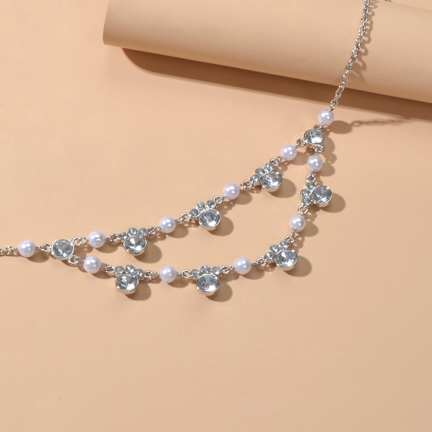 Luxurious Wedding Jewellery Pearl Rhinestone Decor Double layer Collar Necklace