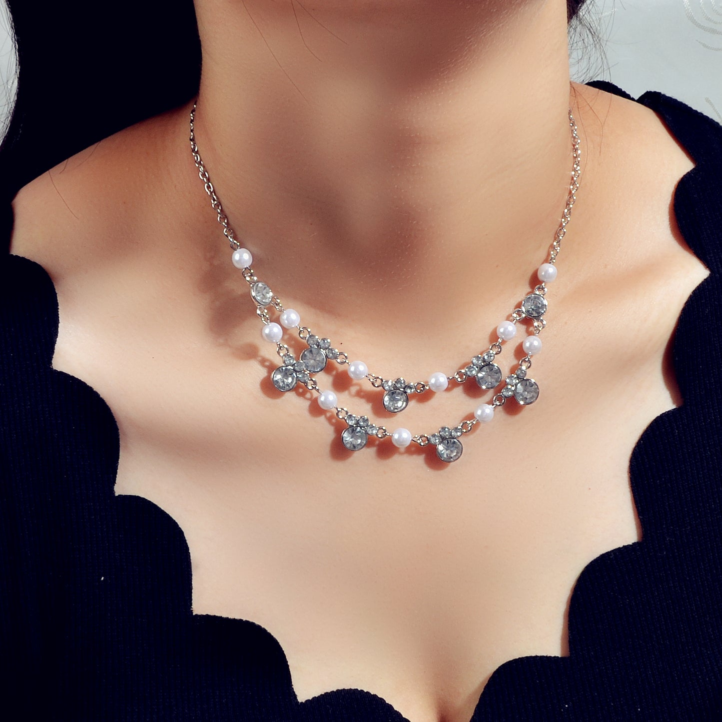 Luxurious Wedding Jewellery Pearl Rhinestone Decor Double layer Collar Necklace