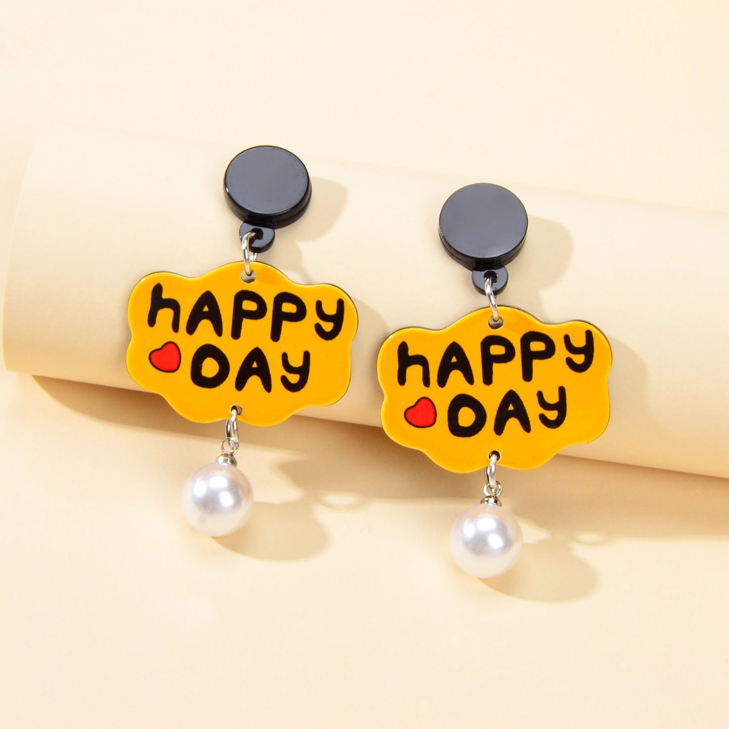 Yellow Cloud Shape Letter HAPPY DAY Pearl Charm Pendant Acrylic Dangle Earrings