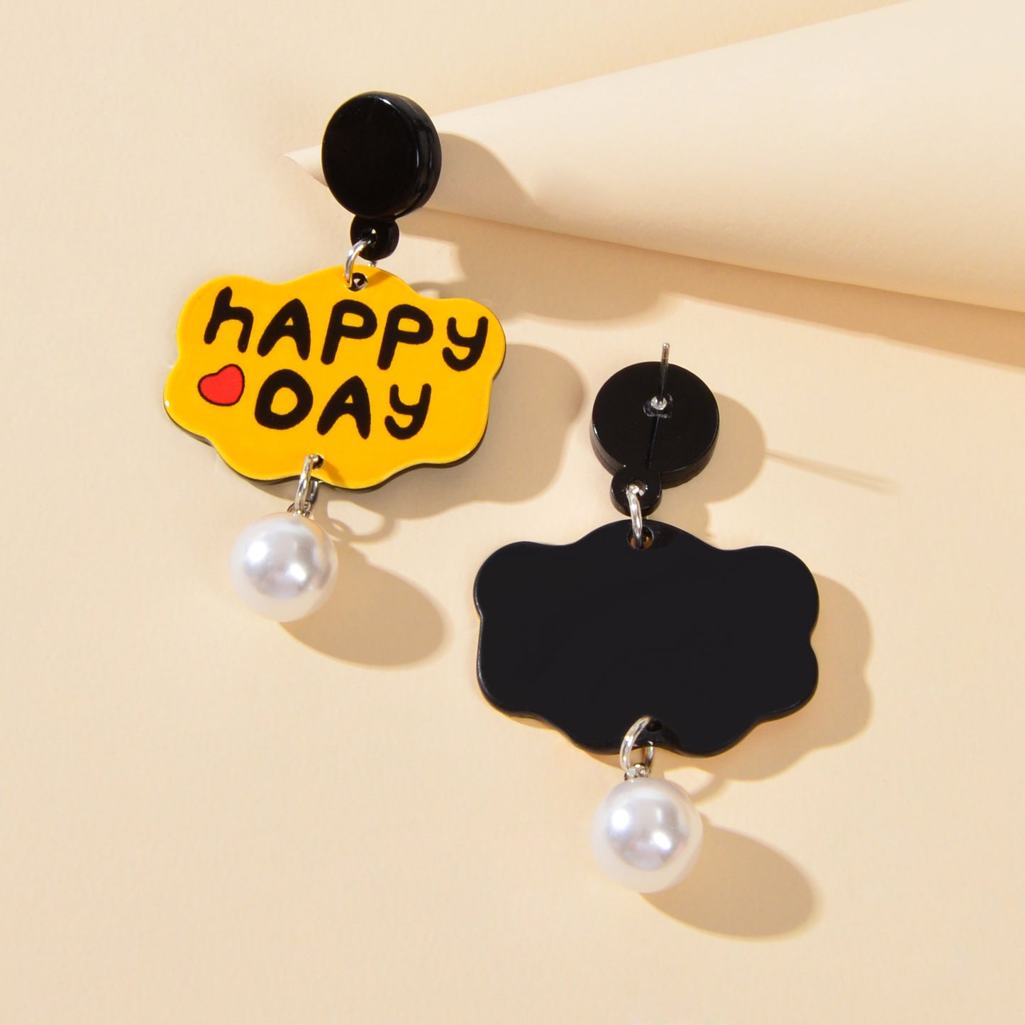 Yellow Cloud Shape Letter HAPPY DAY Pearl Charm Pendant Acrylic Dangle Earrings