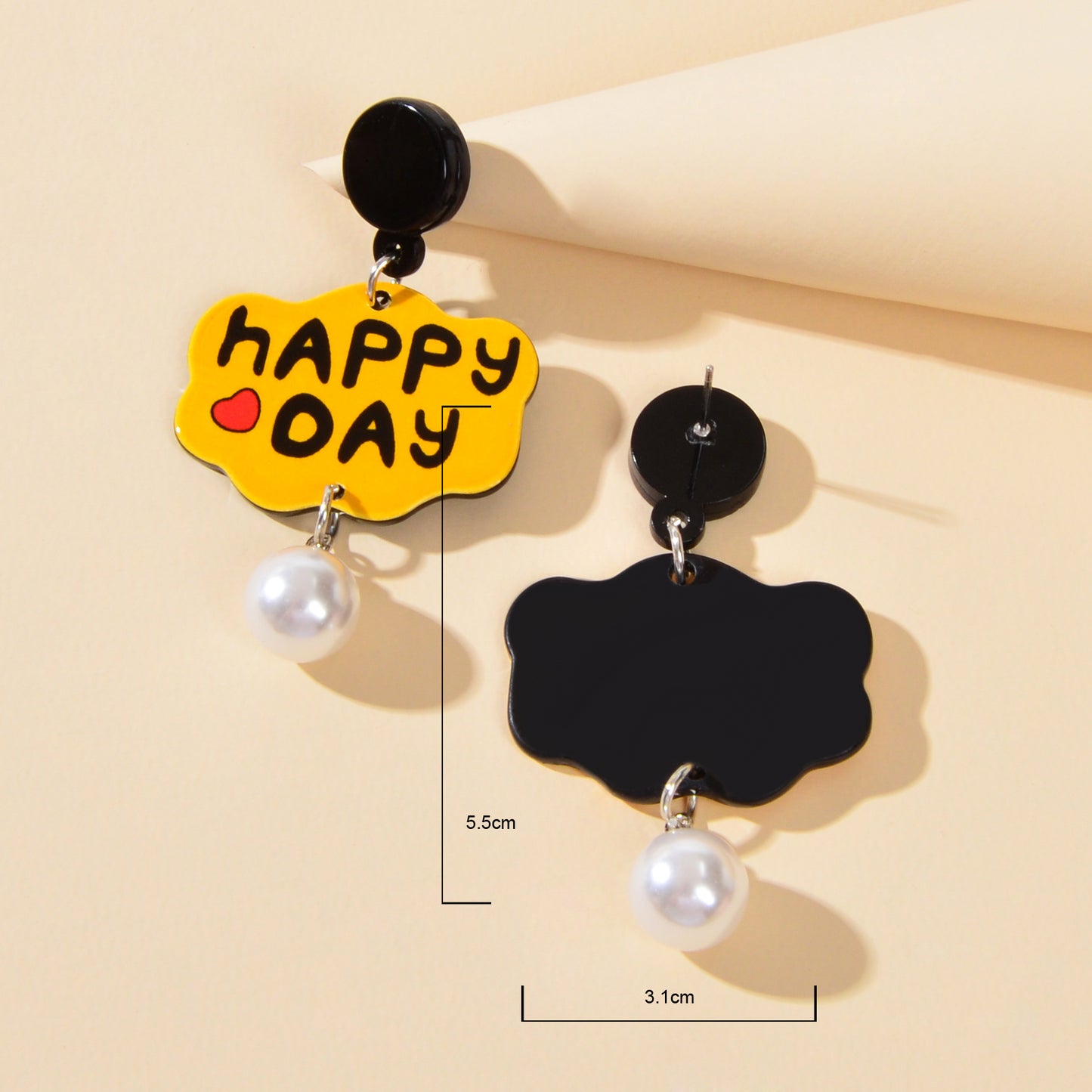 Yellow Cloud Shape Letter HAPPY DAY Pearl Charm Pendant Acrylic Dangle Earrings
