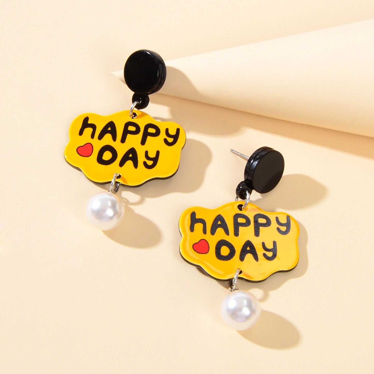 Yellow Cloud Shape Letter HAPPY DAY Pearl Charm Pendant Acrylic Dangle Earrings