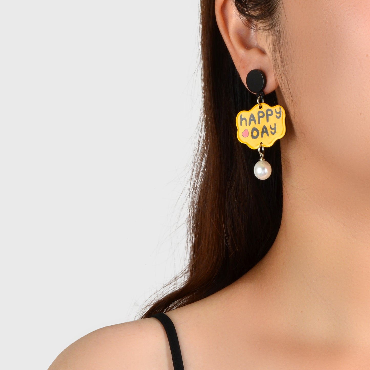 Yellow Cloud Shape Letter HAPPY DAY Pearl Charm Pendant Acrylic Dangle Earrings