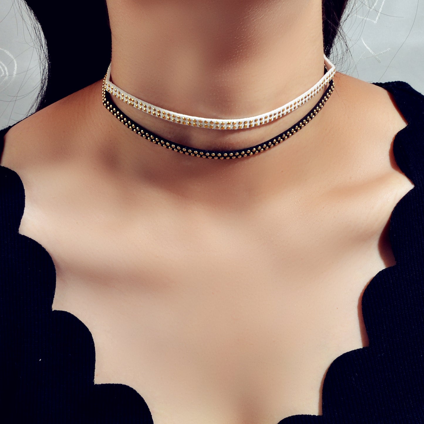 Gothic Punk Gold Metal Dot Black White Suede Double layer Tattoo Choker Necklace