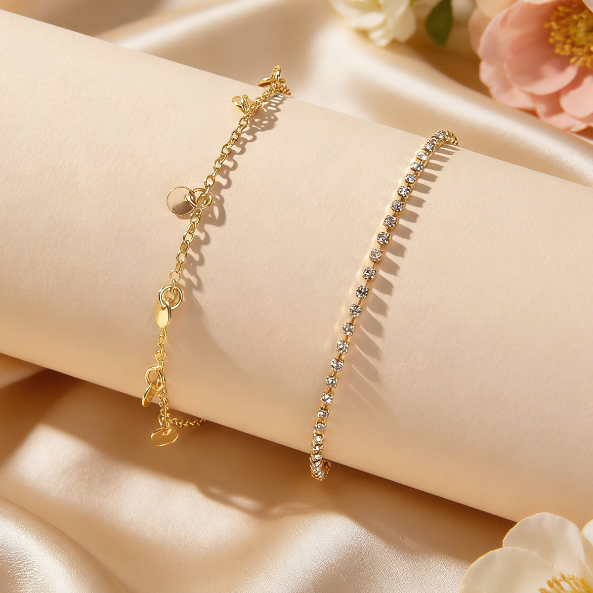 2pcs Women Rhinestone Gold Silver Chain Disc Charm Bracelet Fashion Accessories