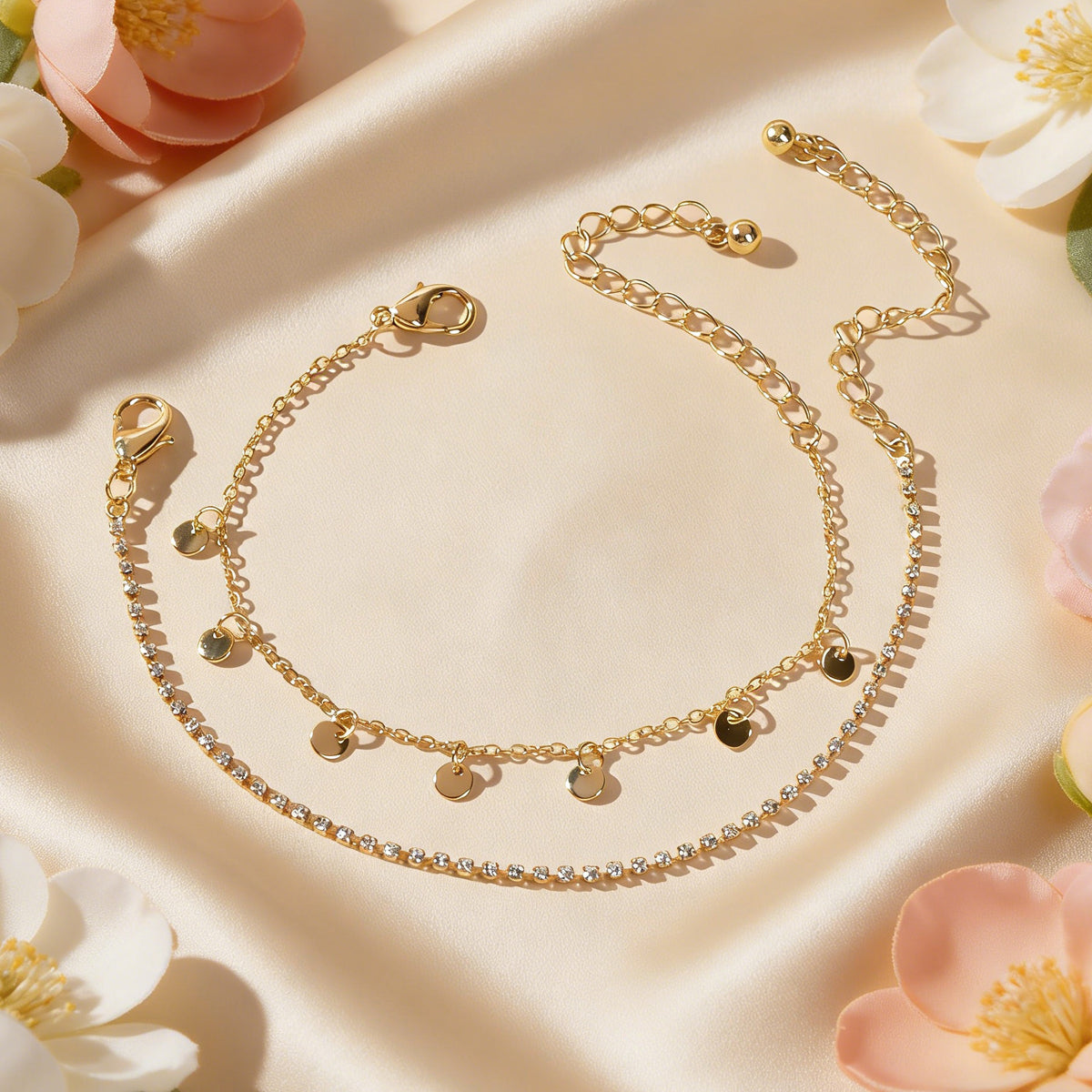 2pcs Women Rhinestone Gold Silver Chain Disc Charm Bracelet Fashion Accessories