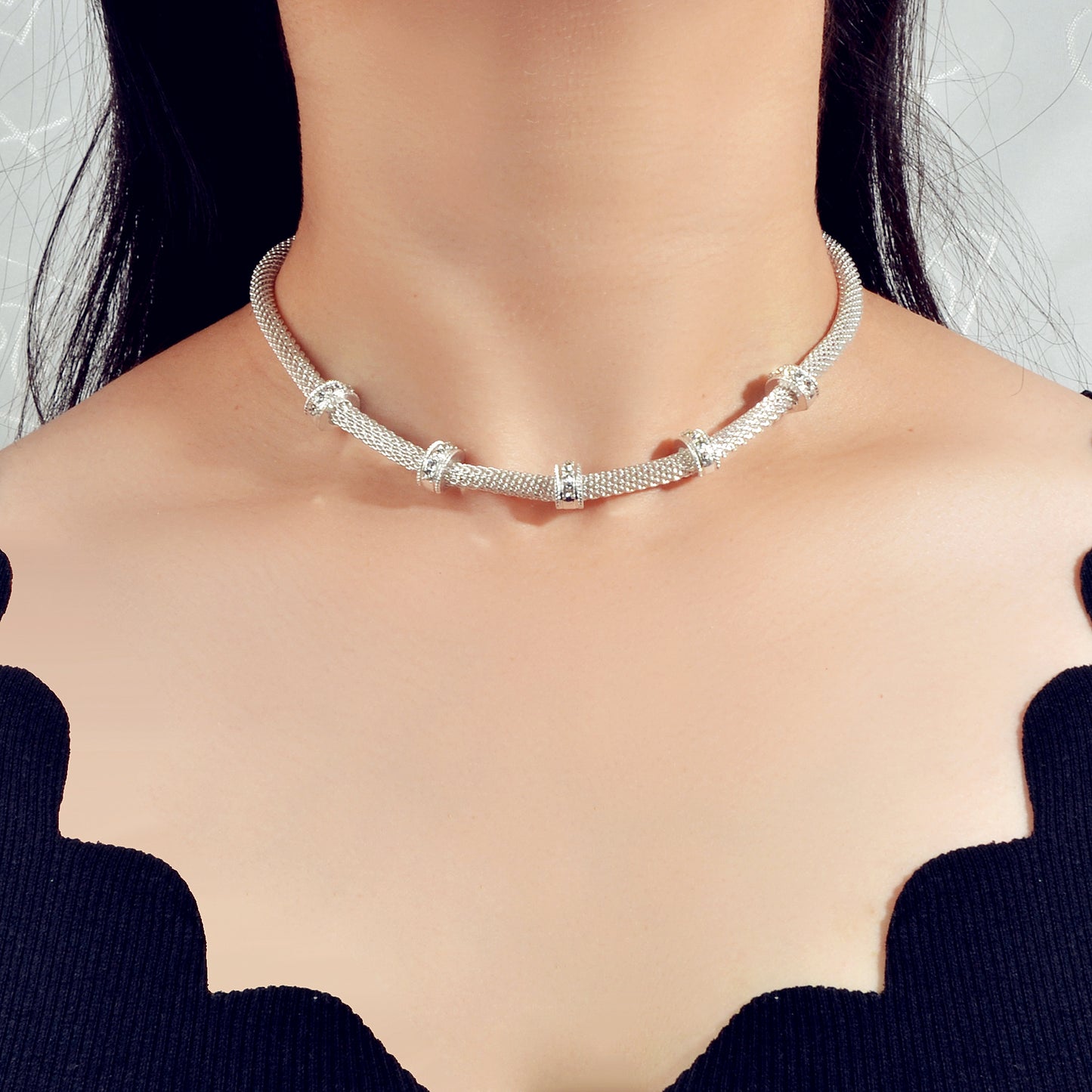 Rhinestone Silver Chain Short Clavicle Necklace Wedding Party Textured Jewellery